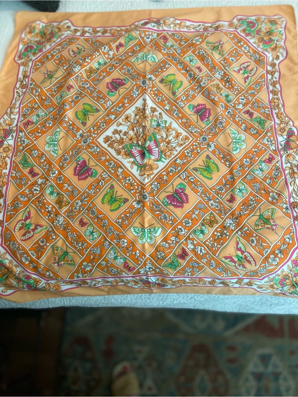 Source Unknown Orange Butterfly Print Silk Scarf